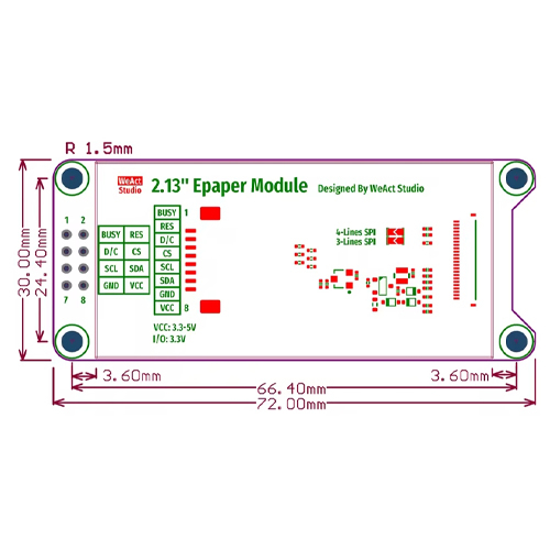 E-ink дисплей 2цвета WeAct Epaper 2.13" 250x122 SPI черный белый