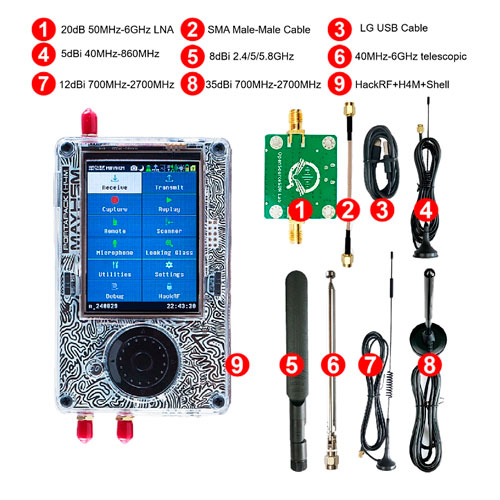 SDR радиостанция с 5 антеннами 1МГц 6ГГц HackRF One Portapack H4 Mayhem